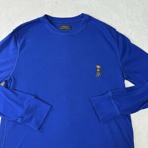 Polo Ralph Lauren Bear Thermal Shirt Mens Medium Blue Waffle Knit Patriotic Bear